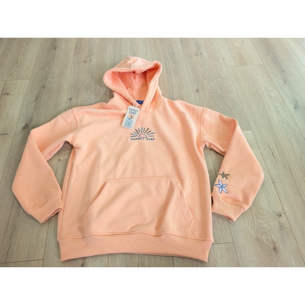 NWT Sunset Surf Hoodie Peach Women XS Otter Fleece Lined Embroidered Pullover